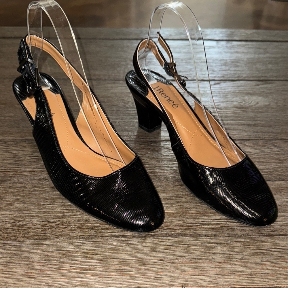 J. Renee Malree Patent Lizard Print Slingback Pumps Black